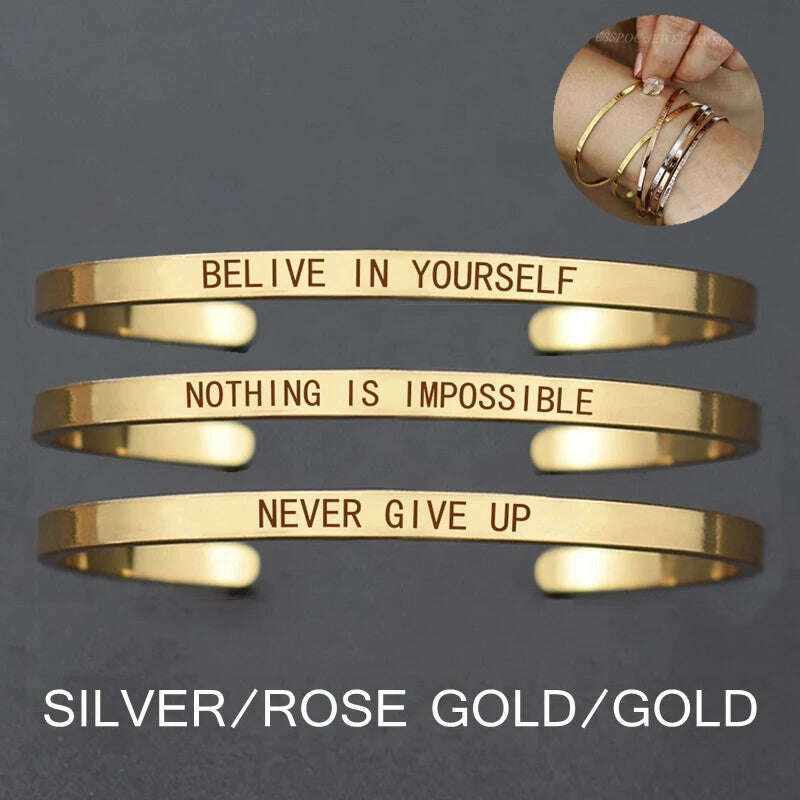 Nothing Is Impossible Letters Engraved Bangle Never Give up Metal Lettering Bracelet Fashion Charm Women Cuff Bracelet Best Gift