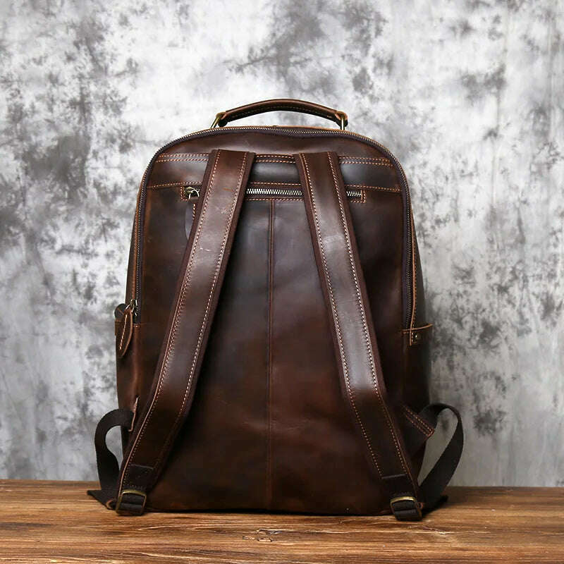 NZPJ Retro Genuine Leather Men's Backpack Large Capacity Head Layer Leather Backpack Casual Crazy Horse Leather Laptop Bag