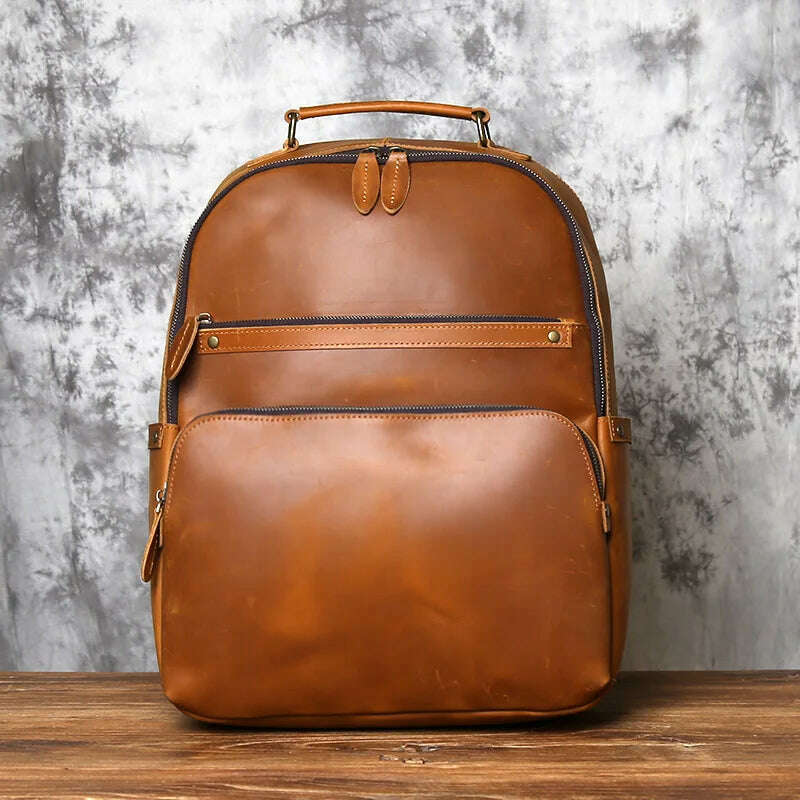 NZPJ Retro Genuine Leather Men's Backpack Large Capacity Head Layer Leather Backpack Casual Crazy Horse Leather Laptop Bag