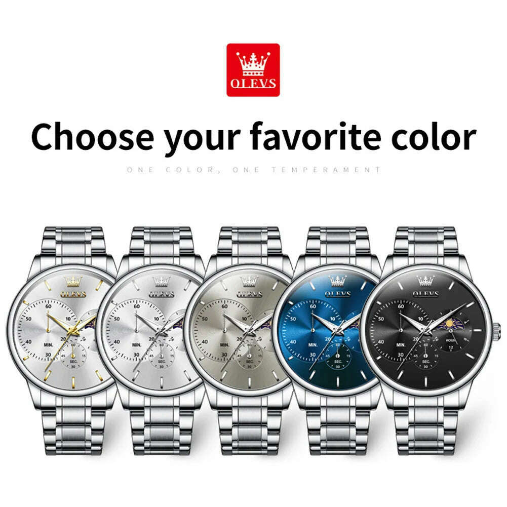 OLEVS Men's Watches Simple Casual Original Quartz Watch for Man Waterproof Stainleess Steel Luminous Moon Phase Chronograph 24H