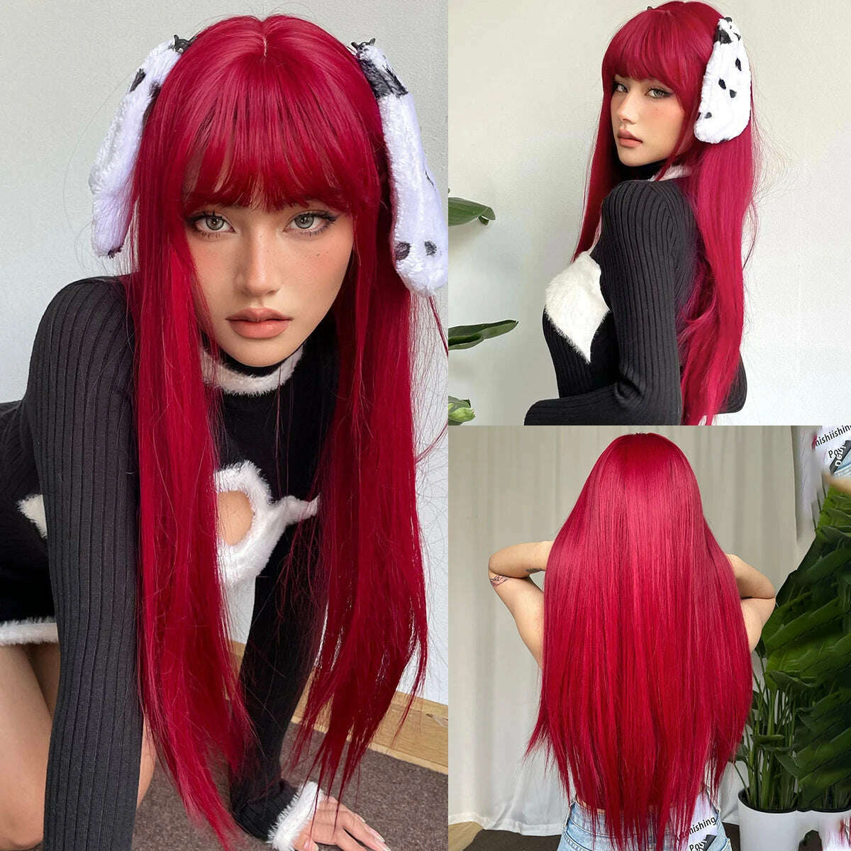 Ombre Synthetic Straight Cosplay Women Hair Platinum Blonde to Black Hair Long Layered Natural Wigs with Bangs for White Women