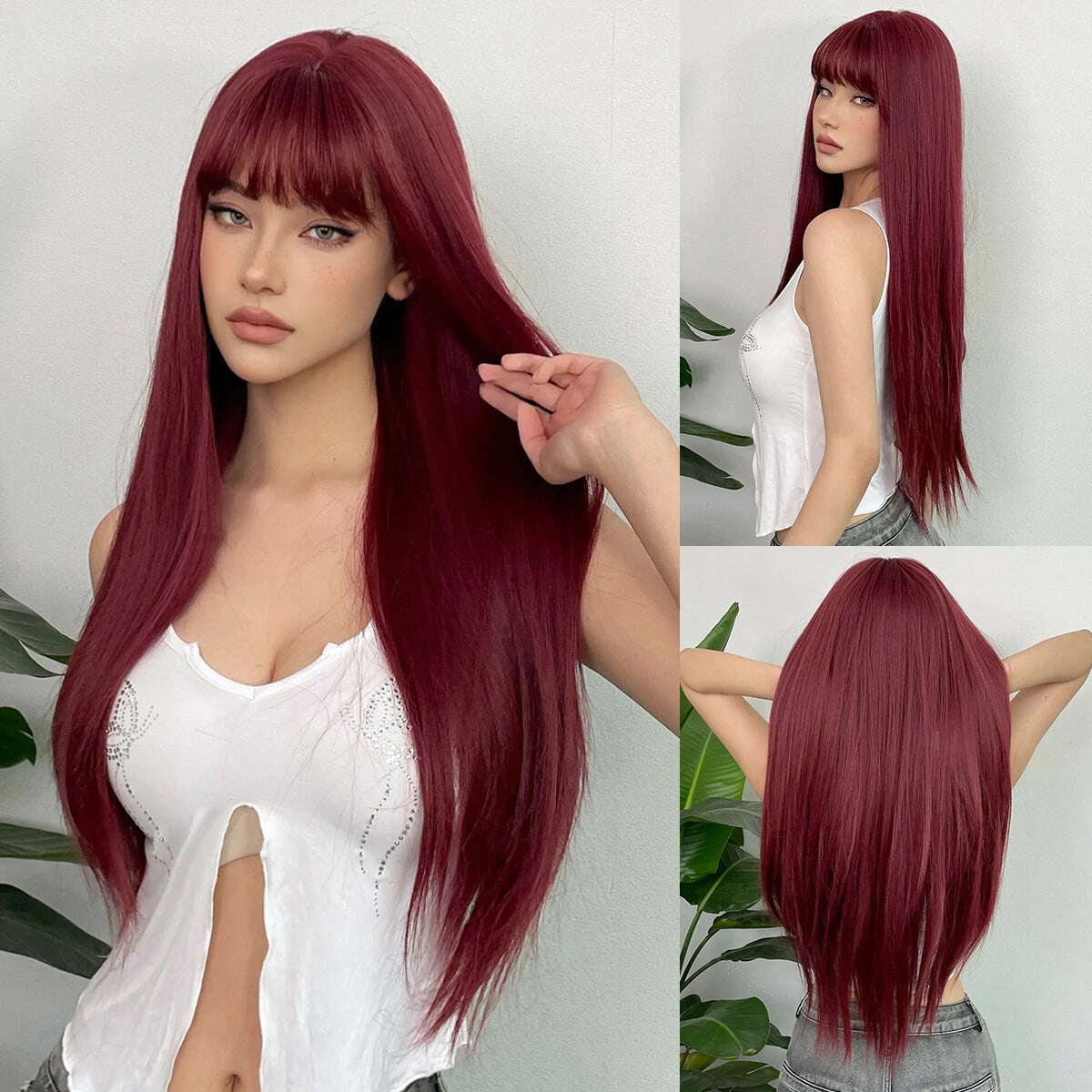 Ombre Synthetic Straight Cosplay Women Hair Platinum Blonde to Black Hair Long Layered Natural Wigs with Bangs for White Women