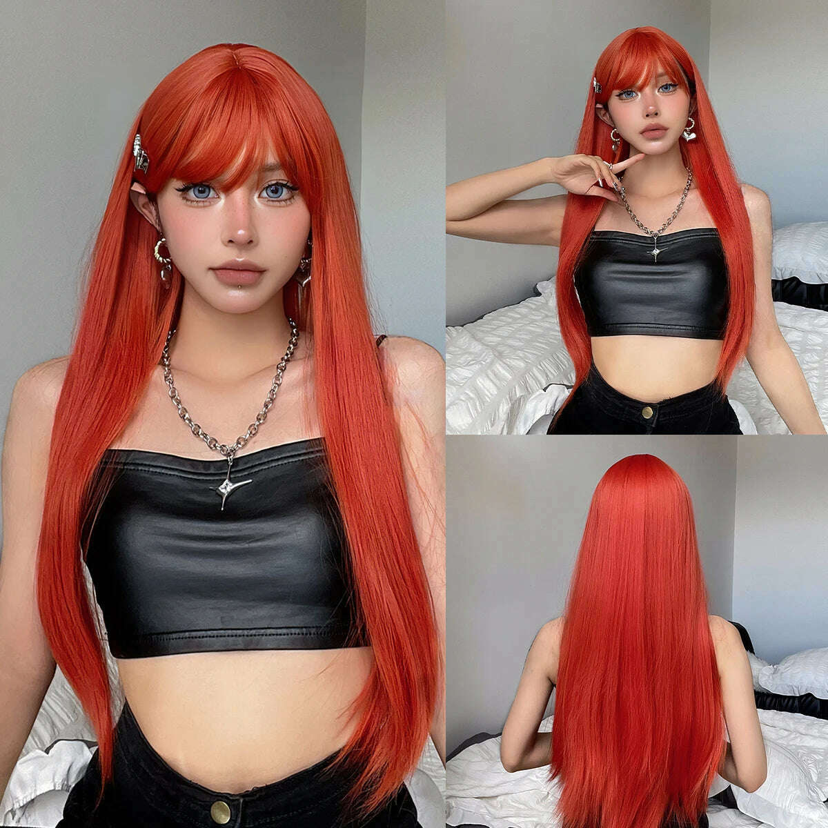 Ombre Synthetic Straight Cosplay Women Hair Platinum Blonde to Black Hair Long Layered Natural Wigs with Bangs for White Women