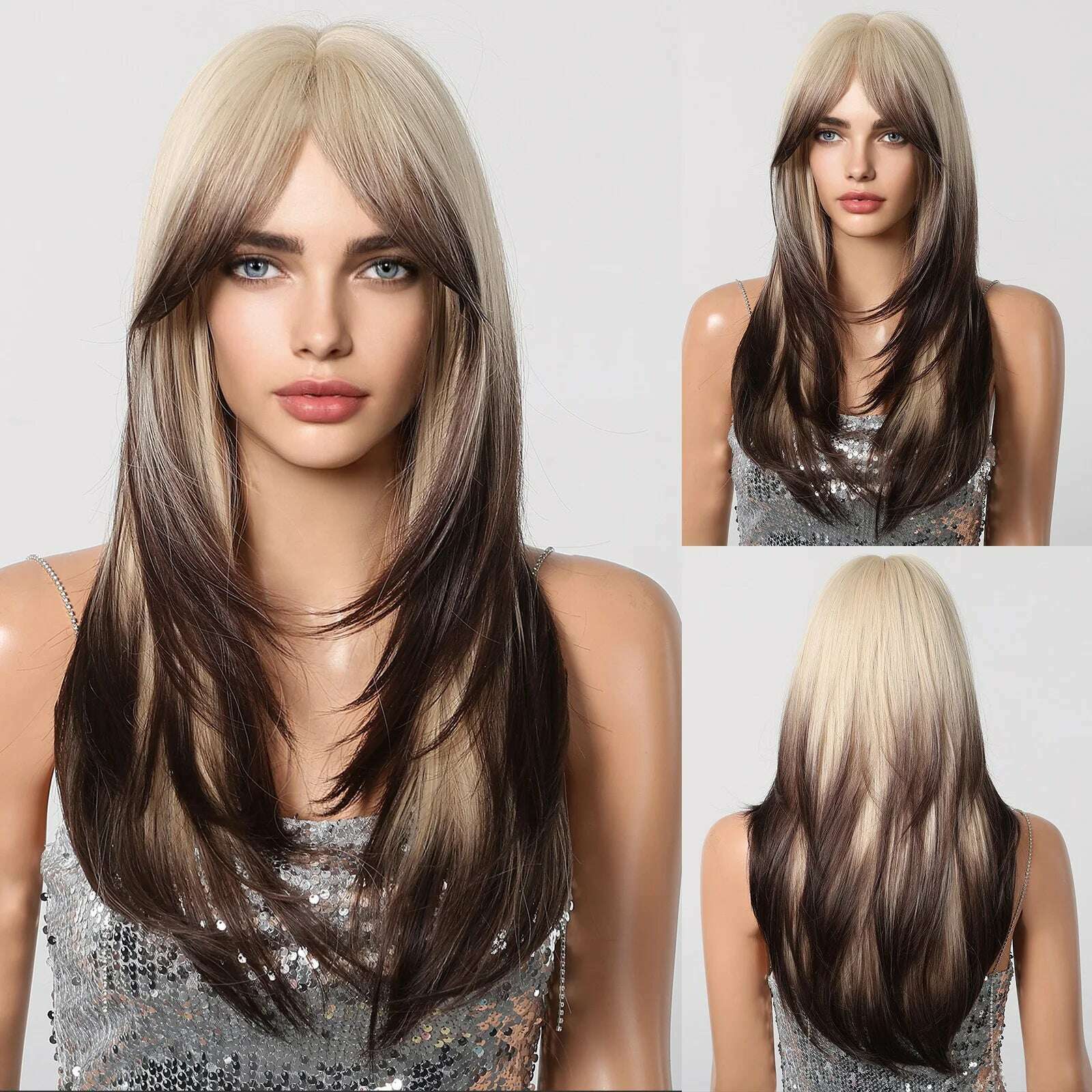 Ombre Synthetic Straight Cosplay Women Hair Platinum Blonde to Black Hair Long Layered Natural Wigs with Bangs for White Women
