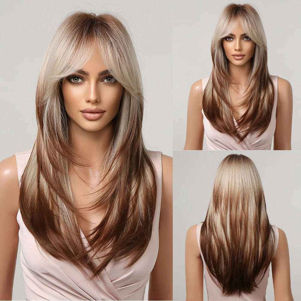 Ombre Synthetic Straight Cosplay Women Hair Platinum Blonde to Black Hair Long Layered Natural Wigs with Bangs for White Women