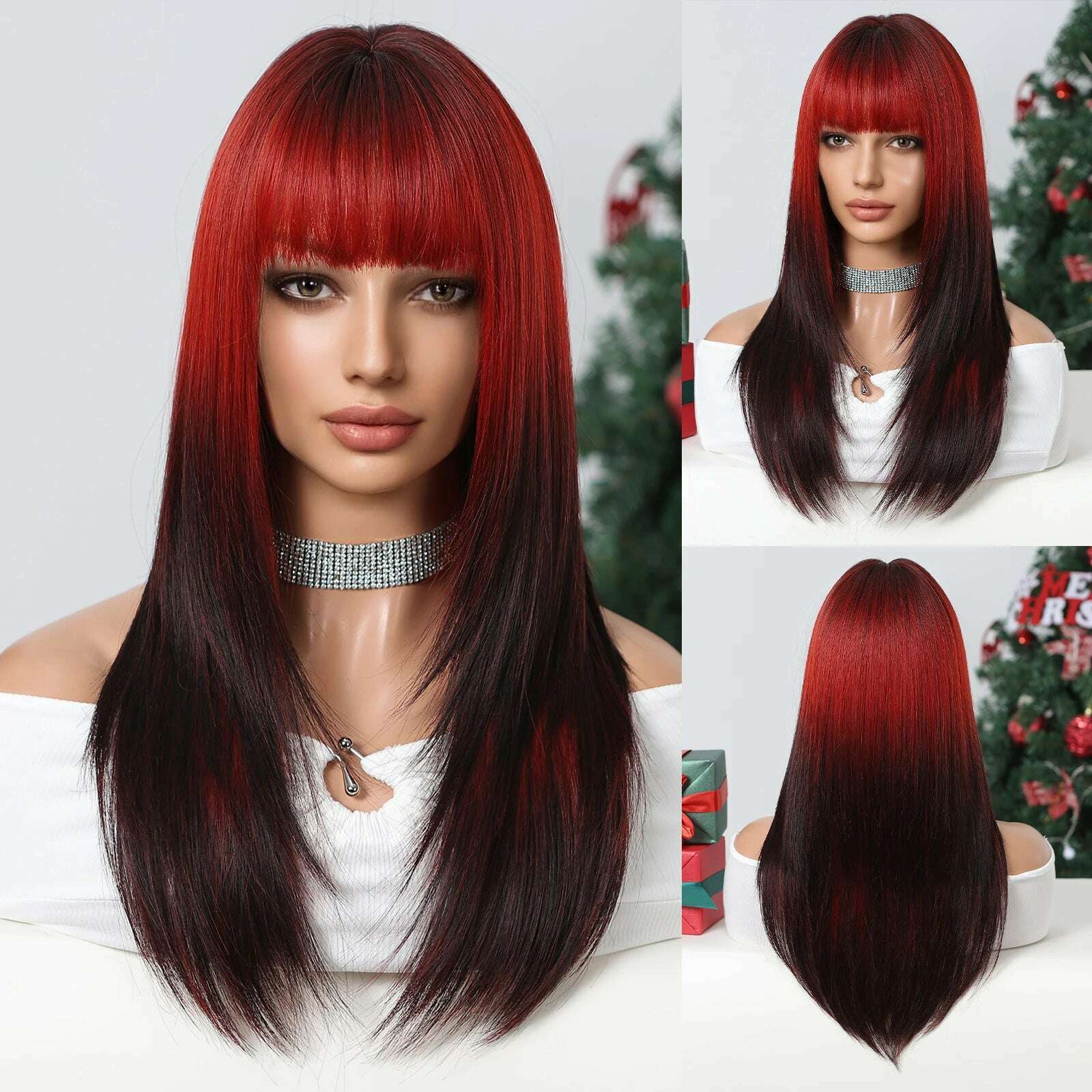 Ombre Synthetic Straight Cosplay Women Hair Platinum Blonde to Black Hair Long Layered Natural Wigs with Bangs for White Women
