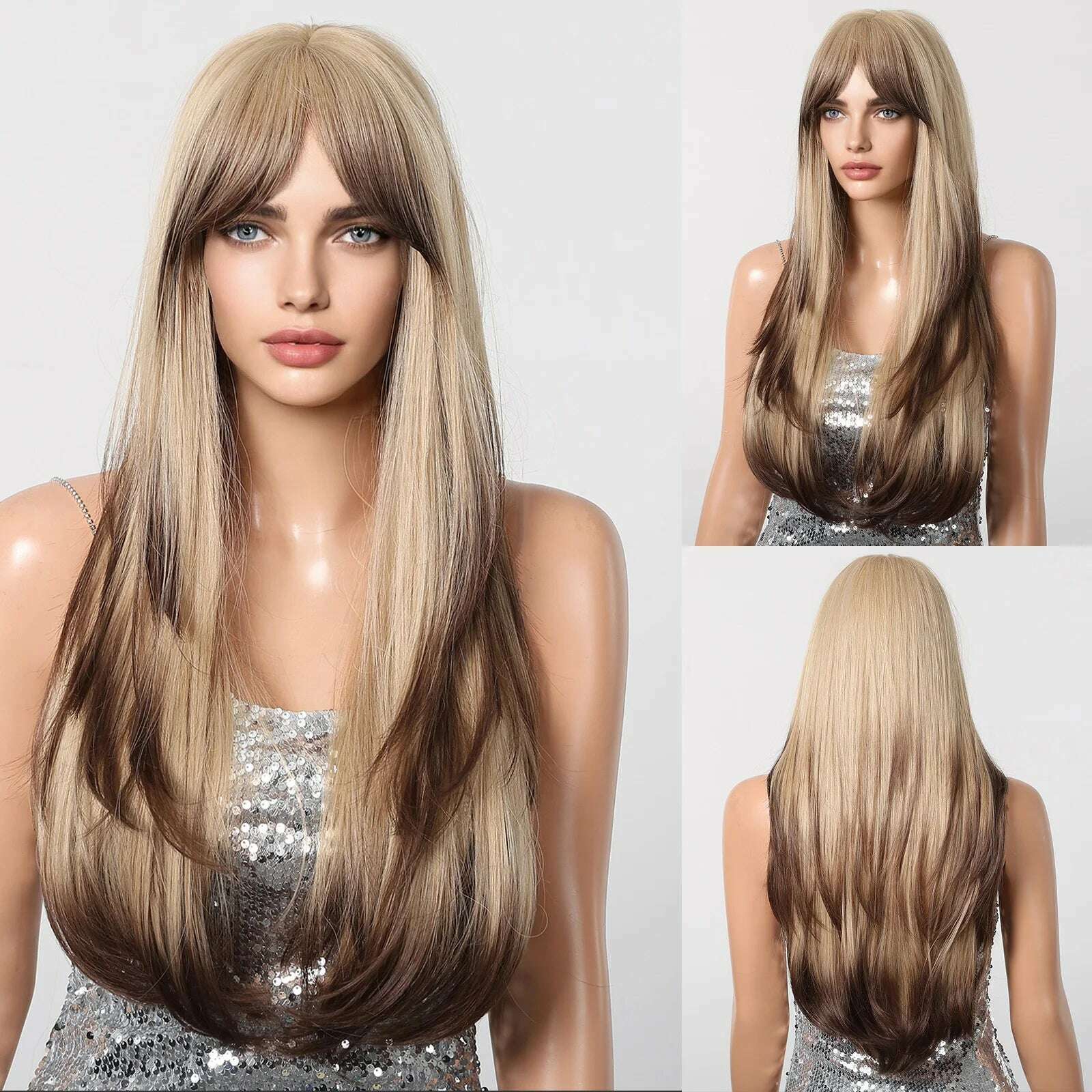 Ombre Synthetic Straight Cosplay Women Hair Platinum Blonde to Black Hair Long Layered Natural Wigs with Bangs for White Women