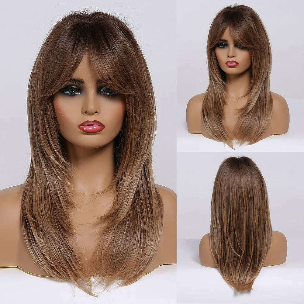 Ombre Synthetic Straight Cosplay Women Hair Platinum Blonde to Black Hair Long Layered Natural Wigs with Bangs for White Women