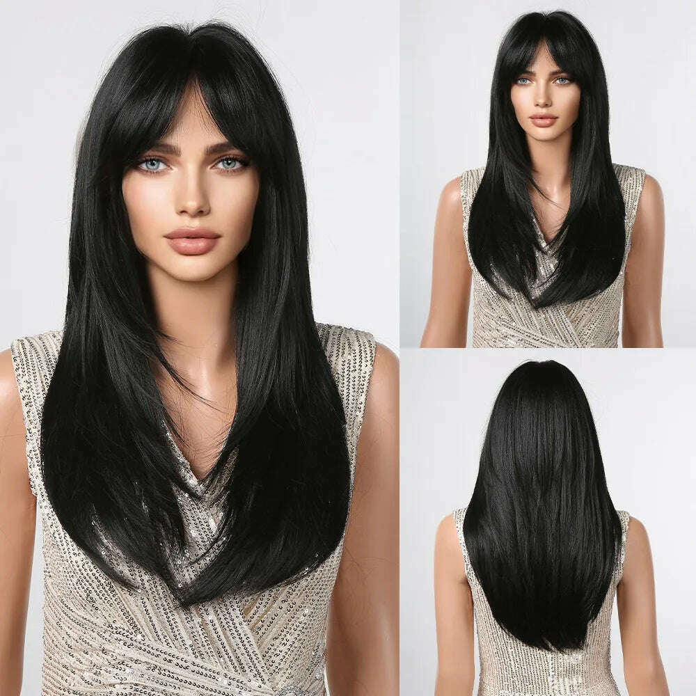 Ombre Synthetic Straight Cosplay Women Hair Platinum Blonde to Black Hair Long Layered Natural Wigs with Bangs for White Women