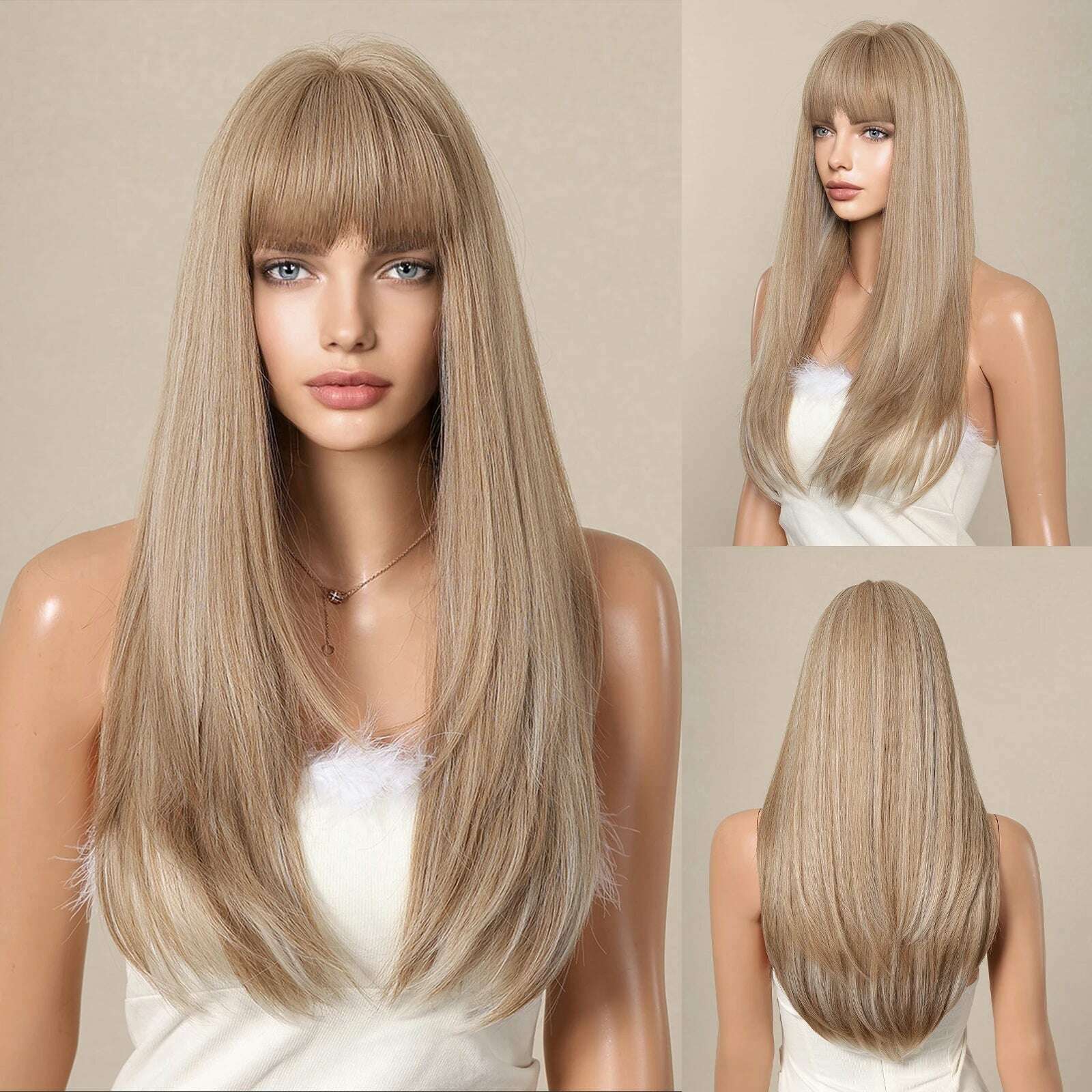 Ombre Synthetic Straight Cosplay Women Hair Platinum Blonde to Black Hair Long Layered Natural Wigs with Bangs for White Women