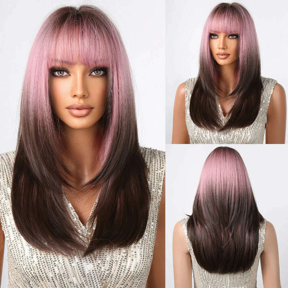 Ombre Synthetic Straight Cosplay Women Hair Platinum Blonde to Black Hair Long Layered Natural Wigs with Bangs for White Women