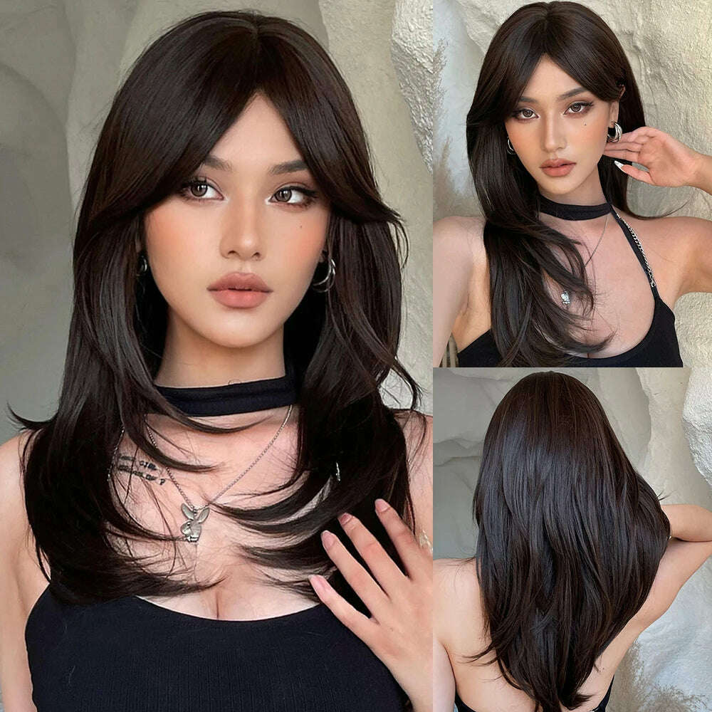 Ombre Synthetic Straight Cosplay Women Hair Platinum Blonde to Black Hair Long Layered Natural Wigs with Bangs for White Women