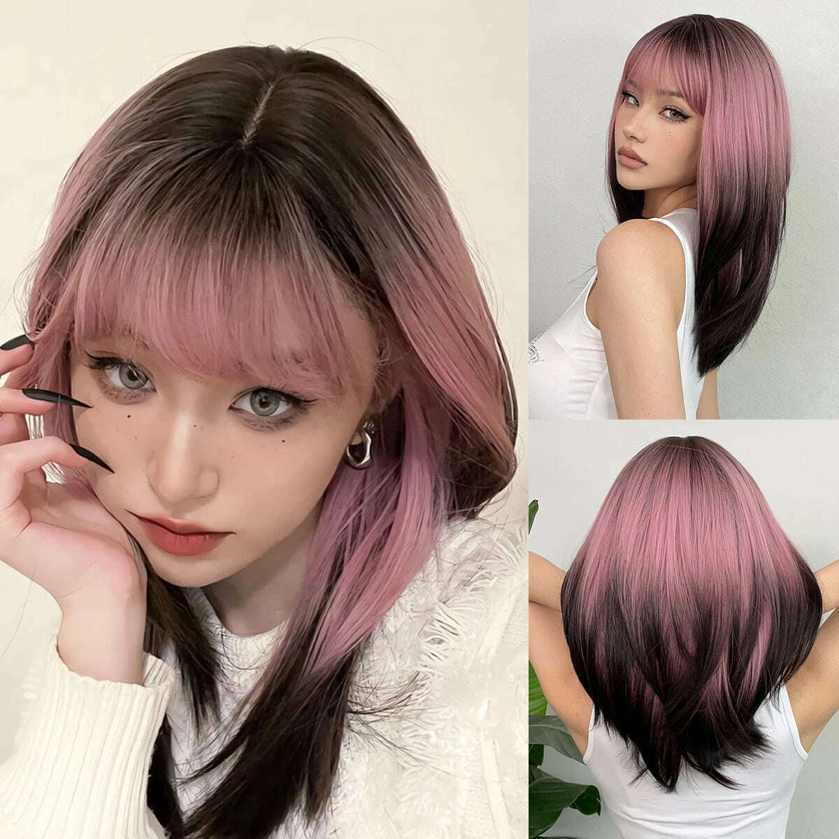 Ombre Synthetic Straight Cosplay Women Hair Platinum Blonde to Black Hair Long Layered Natural Wigs with Bangs for White Women