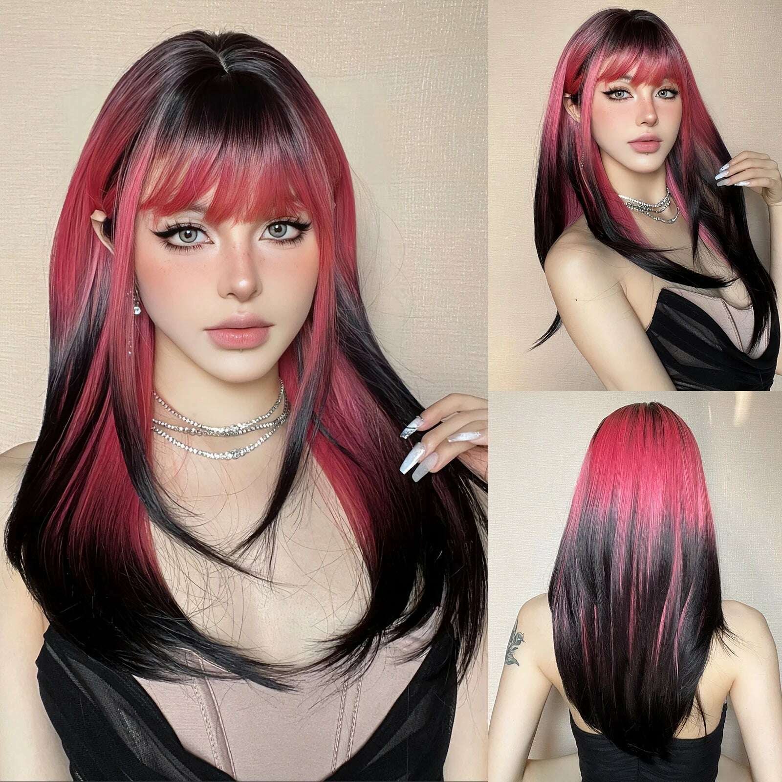 Ombre Synthetic Straight Cosplay Women Hair Platinum Blonde to Black Hair Long Layered Natural Wigs with Bangs for White Women