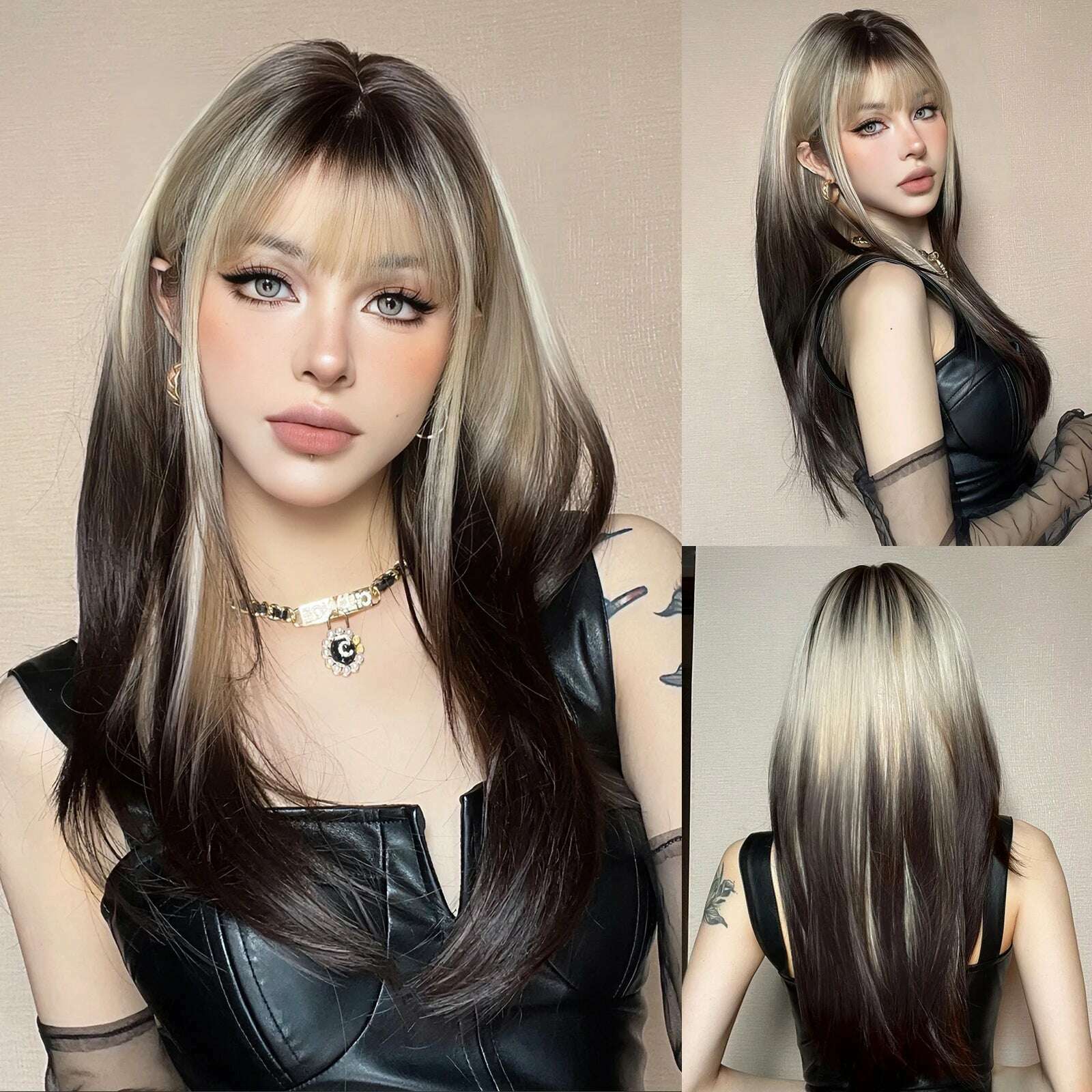 Ombre Synthetic Straight Cosplay Women Hair Platinum Blonde to Black Hair Long Layered Natural Wigs with Bangs for White Women