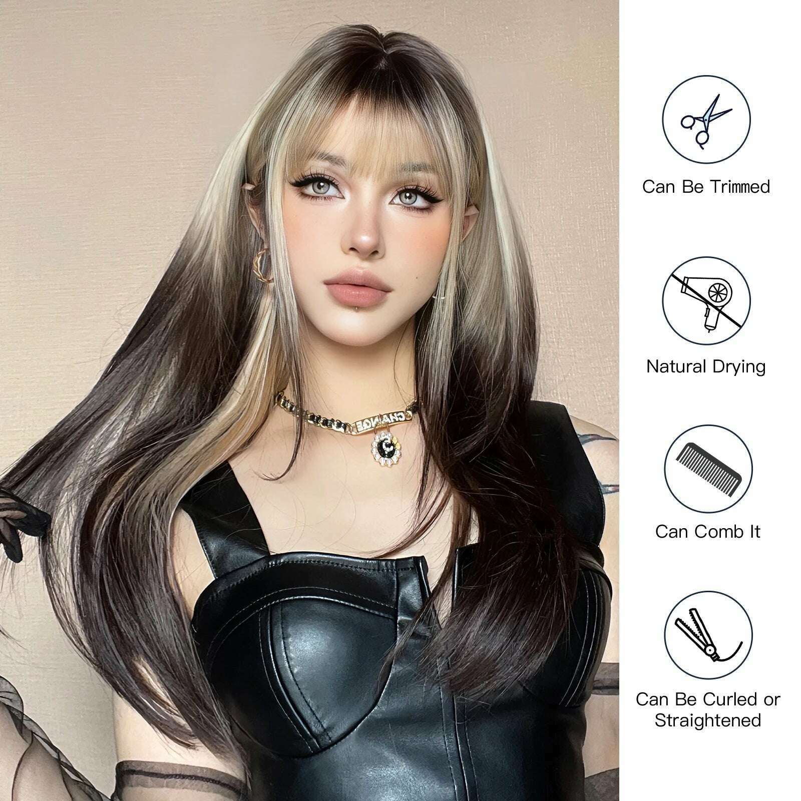 Ombre Synthetic Straight Cosplay Women Hair Platinum Blonde to Black Hair Long Layered Natural Wigs with Bangs for White Women