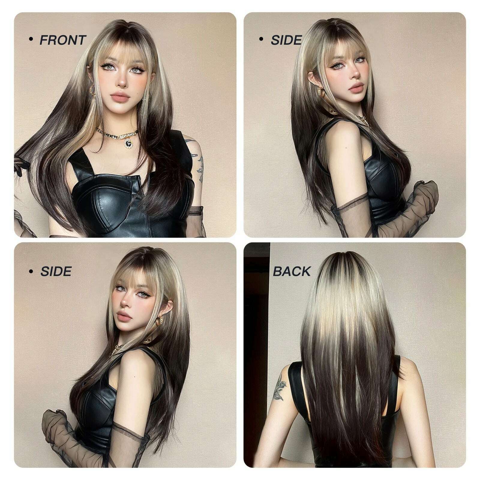 Ombre Synthetic Straight Cosplay Women Hair Platinum Blonde to Black Hair Long Layered Natural Wigs with Bangs for White Women