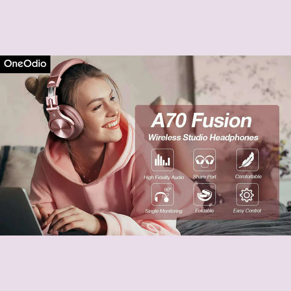 Oneodio A70 Wireless Headphones Sport Bluetooth 5.2 Earphone Over Ear Handsfree Headset With Microphone For Phone Rose Gold