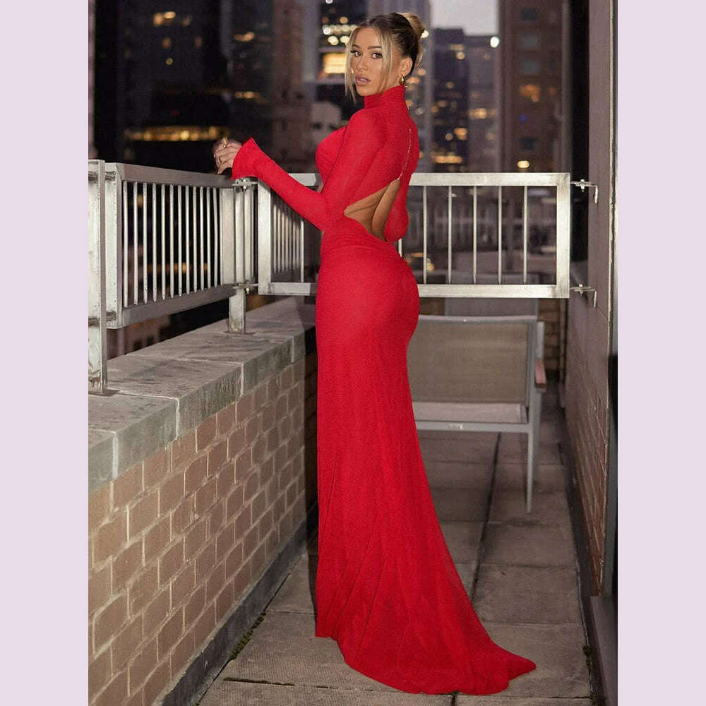Party Dresses For Women Fashion Sexy Streetwear Solid Hollow Out Turtleneck Full Sleeves Slim Elegant Long Vestidos Robes Female