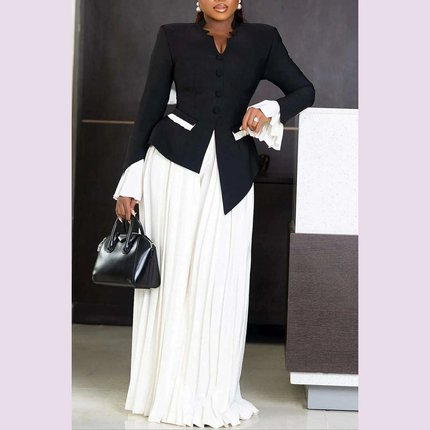 Plus Size Business Casual Black V Neck Long Sleeve Pleated Pocket Two Piece Pants Sets