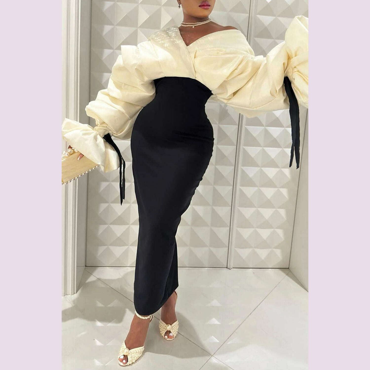 Plus Size Formal Black Wrap Neck Batwing Sleeve Long Sleeve Fold Maxi Dresses