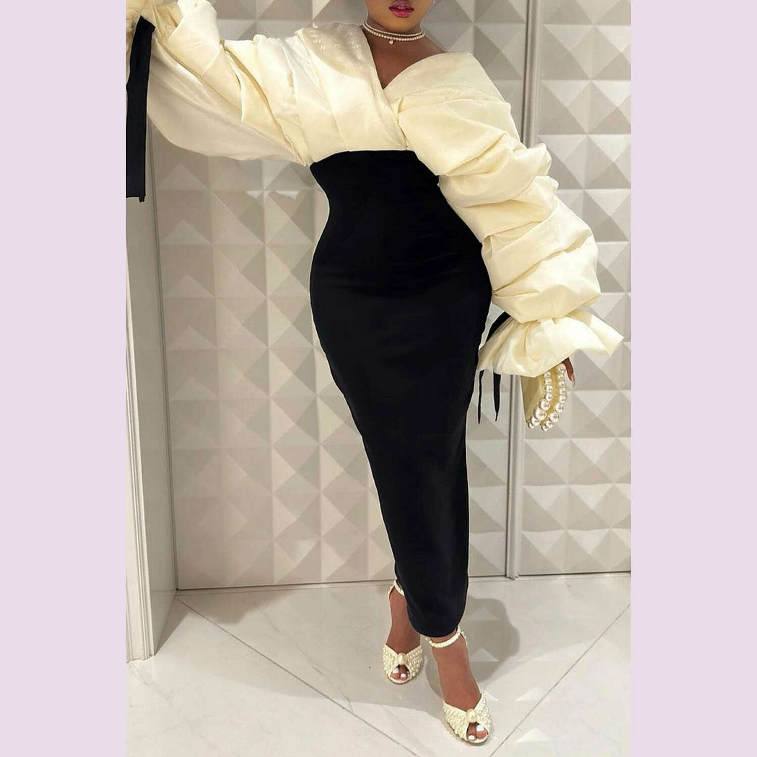 Plus Size Formal Black Wrap Neck Batwing Sleeve Long Sleeve Fold Maxi Dresses