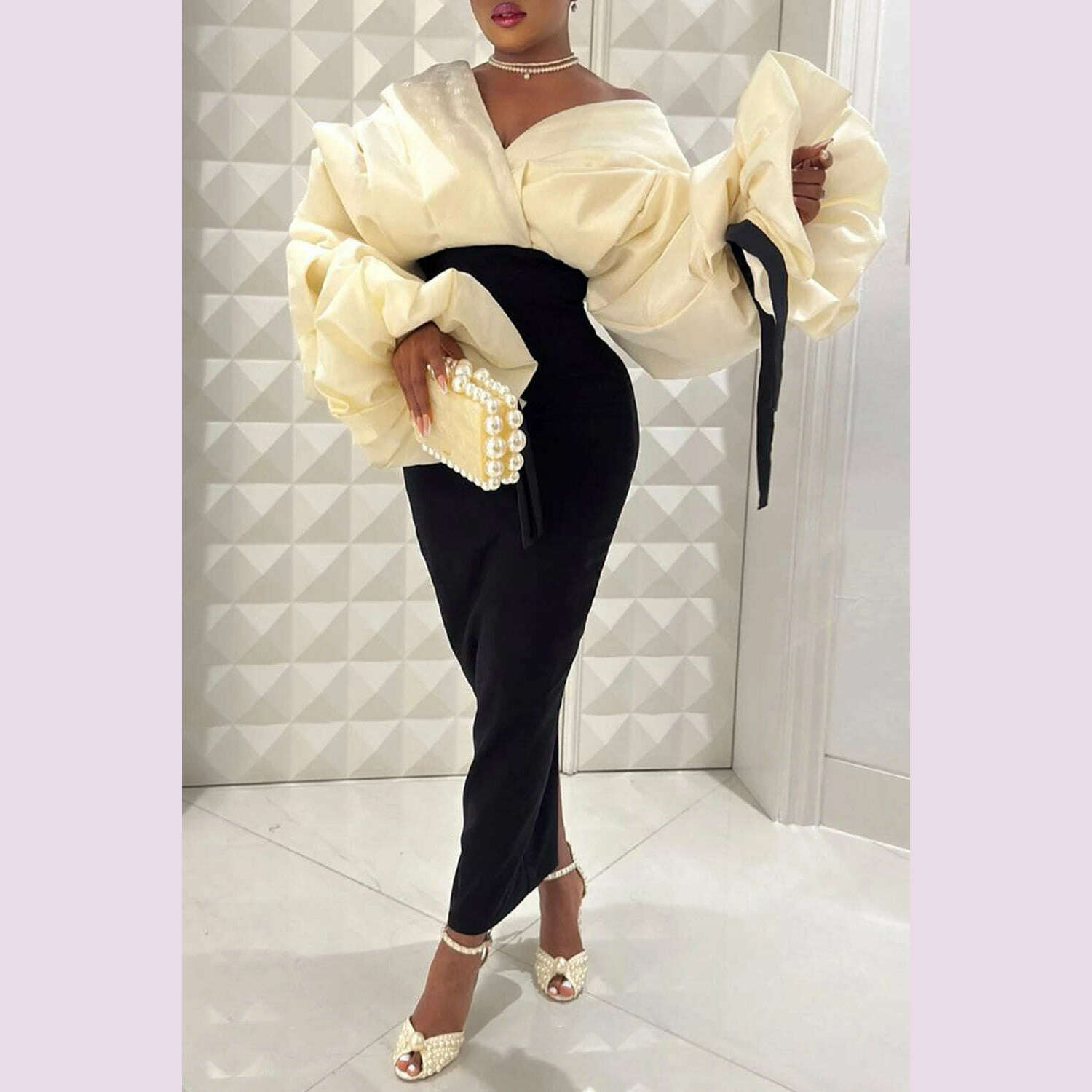 Plus Size Formal Black Wrap Neck Batwing Sleeve Long Sleeve Fold Maxi Dresses