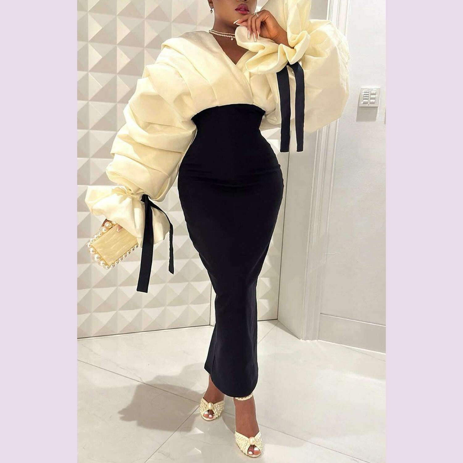 Plus Size Formal Black Wrap Neck Batwing Sleeve Long Sleeve Fold Maxi Dresses