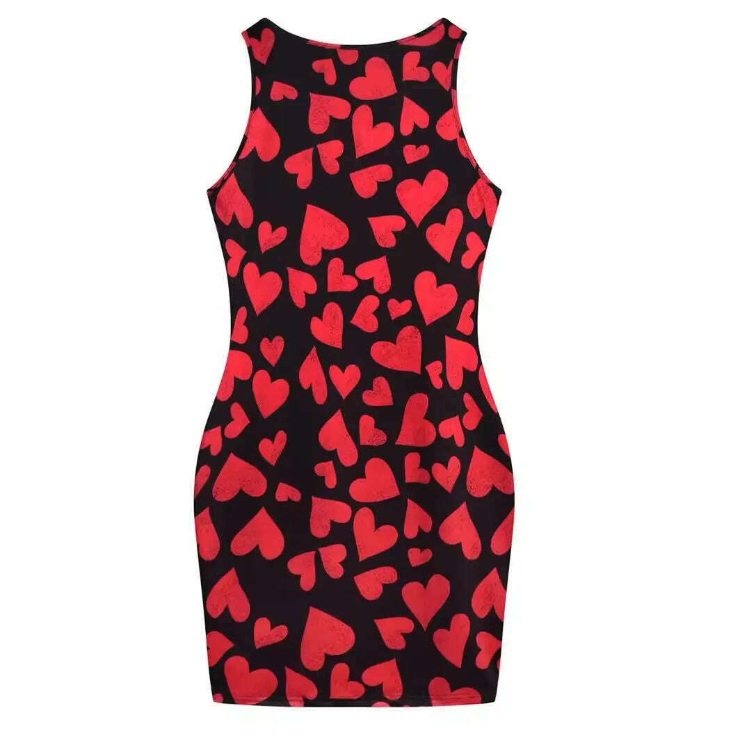 Plus Size Summer Women's Dresses Fashion Contrast Heart Print U-Neck Sleeveless Casual Bodycon Mini Dress