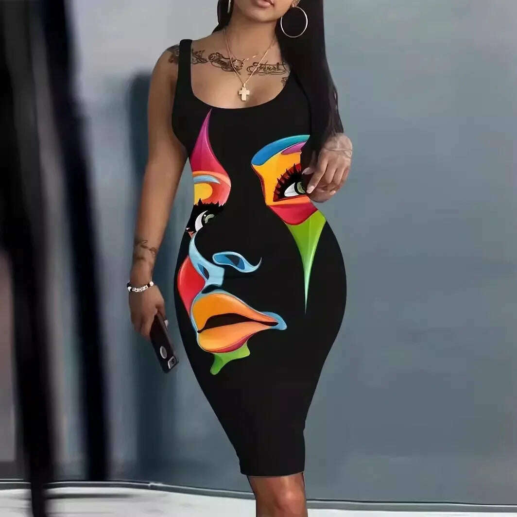 Plus Size Summer Women's Dresses Fashion Contrast Heart Print U-Neck Sleeveless Casual Bodycon Mini Dress