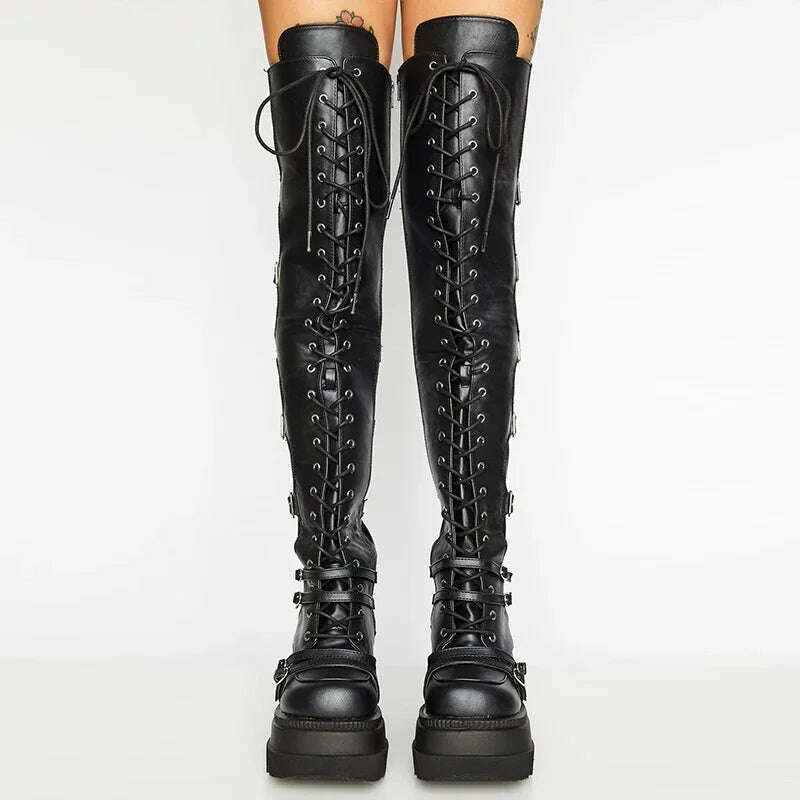 Punk Over-the-knee Boots Women Platform Heels Belt Buckle Boot Motorcycle Goth Shoe Thigh High Flat Boots Plus Size 42 43