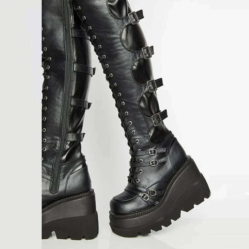 Punk Over-the-knee Boots Women Platform Heels Belt Buckle Boot Motorcycle Goth Shoe Thigh High Flat Boots Plus Size 42 43