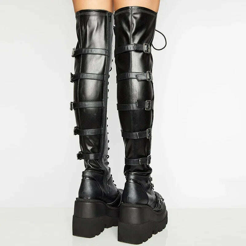 Punk Over-the-knee Boots Women Platform Heels Belt Buckle Boot Motorcycle Goth Shoe Thigh High Flat Boots Plus Size 42 43