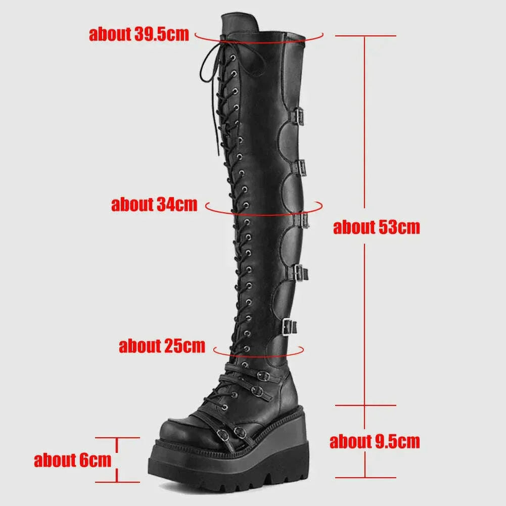 Punk Over-the-knee Boots Women Platform Heels Belt Buckle Boot Motorcycle Goth Shoe Thigh High Flat Boots Plus Size 42 43