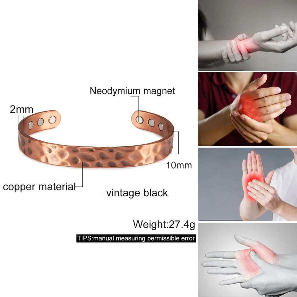 Pure Copper Magnetic Bracelet Arthritis Adjustable 10mm Vintage Magnetic Bracelet Health Energy Copper Cuff Bracelet & Bangles