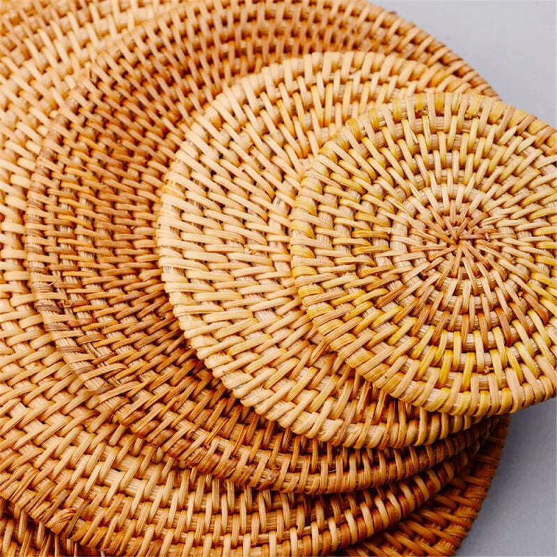 Rattan Weave Cup Mat Set Drink Coasters Round Pot Pad Table Dish Placemat Home Table Decoration Insulation Handmade Coffee Mat