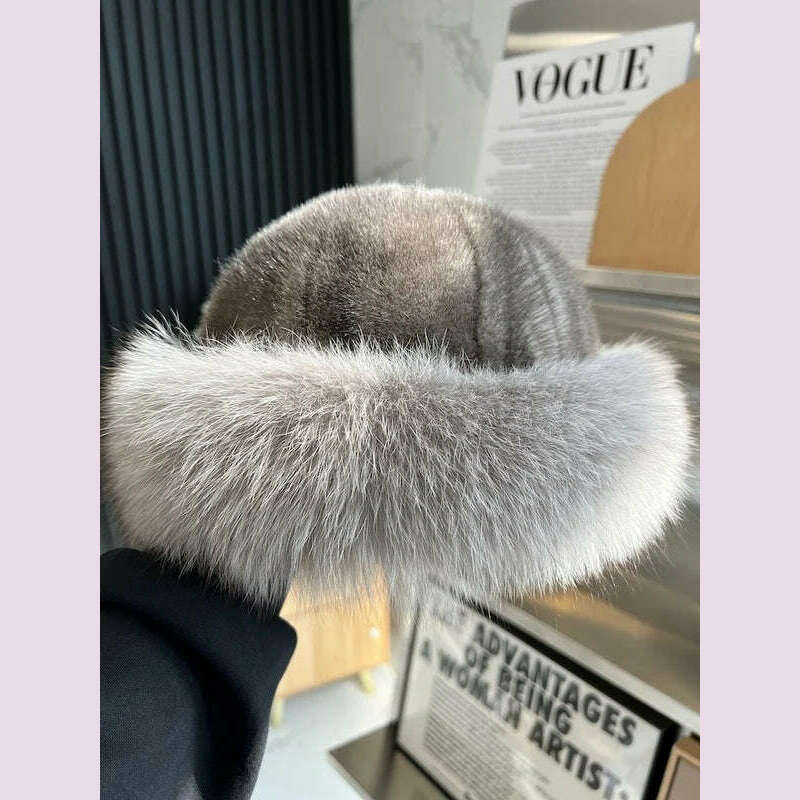 Real Mink Fur Hat For Women Winter Natural Mink Fur Hat With Fox Fur Brim Female Fashion Fisherman Hat Thicked Fur Bomber Hats