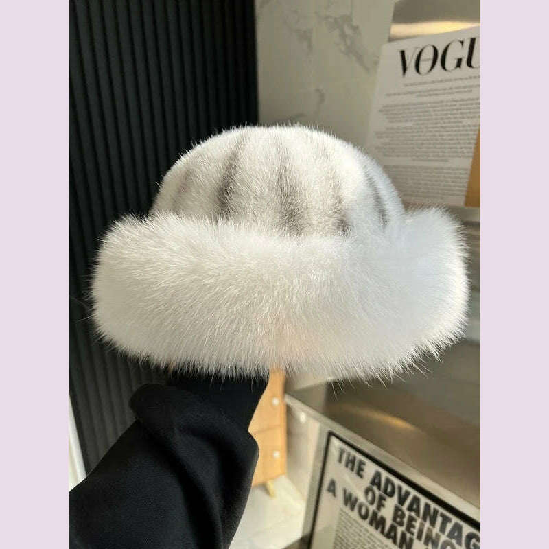 Real Mink Fur Hat For Women Winter Natural Mink Fur Hat With Fox Fur Brim Female Fashion Fisherman Hat Thicked Fur Bomber Hats