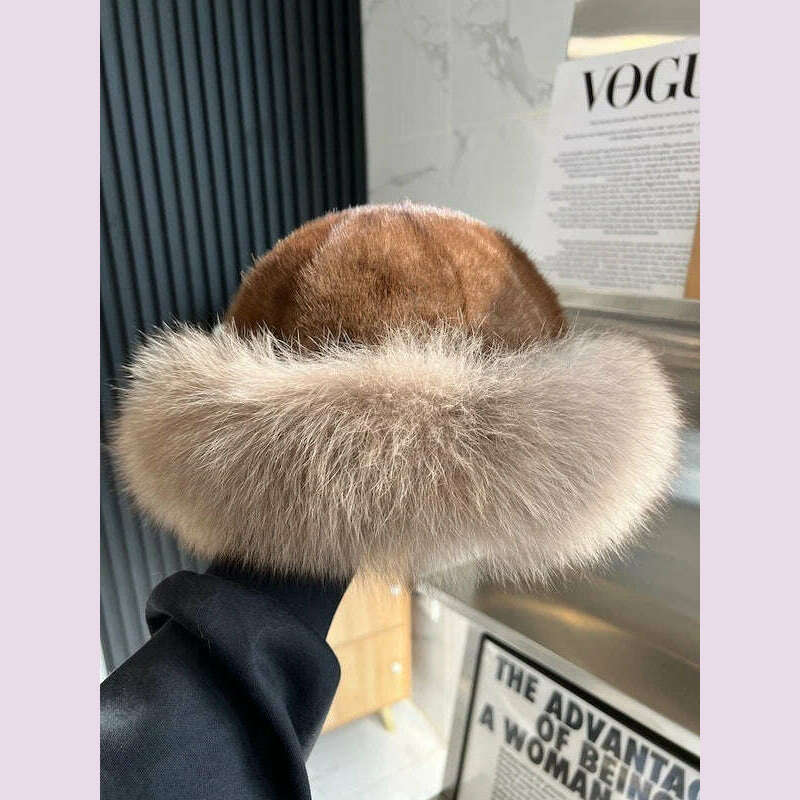 Real Mink Fur Hat For Women Winter Natural Mink Fur Hat With Fox Fur Brim Female Fashion Fisherman Hat Thicked Fur Bomber Hats