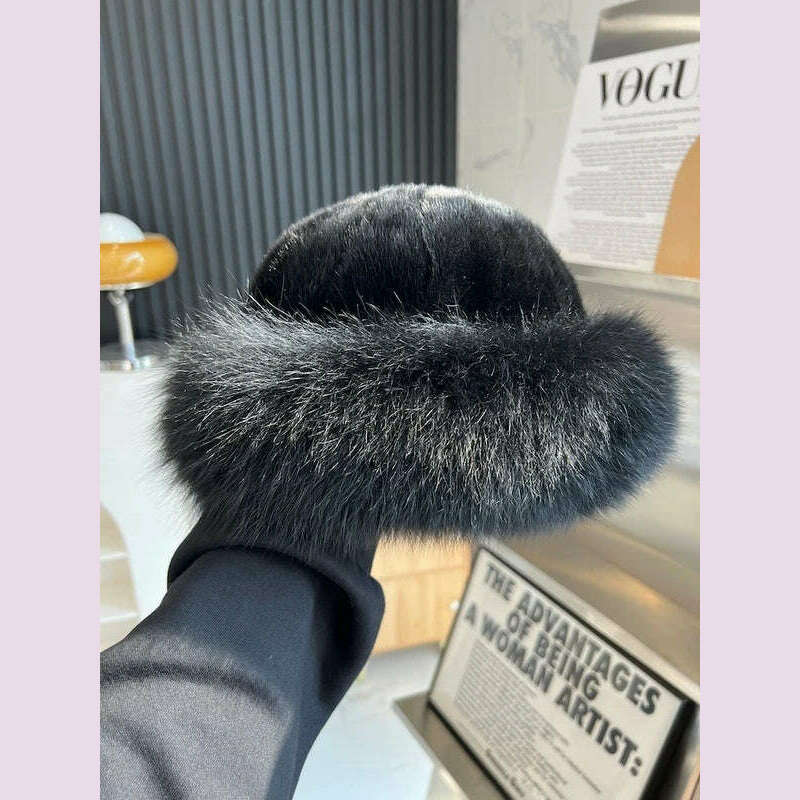 Real Mink Fur Hat For Women Winter Natural Mink Fur Hat With Fox Fur Brim Female Fashion Fisherman Hat Thicked Fur Bomber Hats