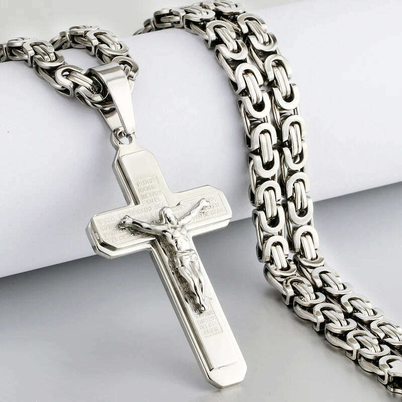 Religious Men Stainless Steel Crucifix Cross Pendant Necklace Heavy Byzantine Chain Necklaces Jesus Christ Holy Jewelry Gifts