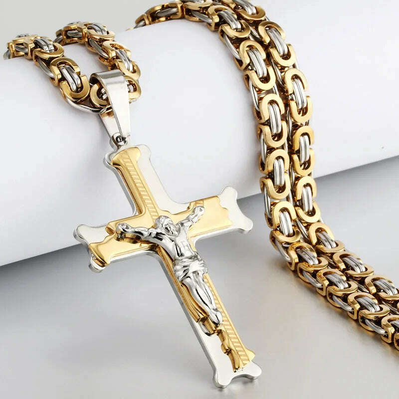 Religious Men Stainless Steel Crucifix Cross Pendant Necklace Heavy Byzantine Chain Necklaces Jesus Christ Holy Jewelry Gifts