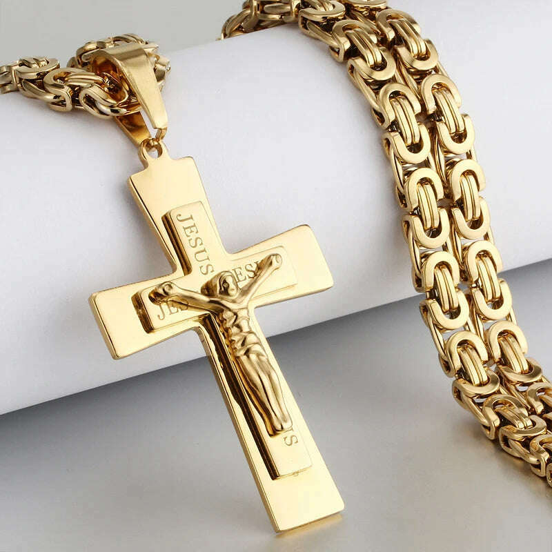 Religious Men Stainless Steel Crucifix Cross Pendant Necklace Heavy Byzantine Chain Necklaces Jesus Christ Holy Jewelry Gifts