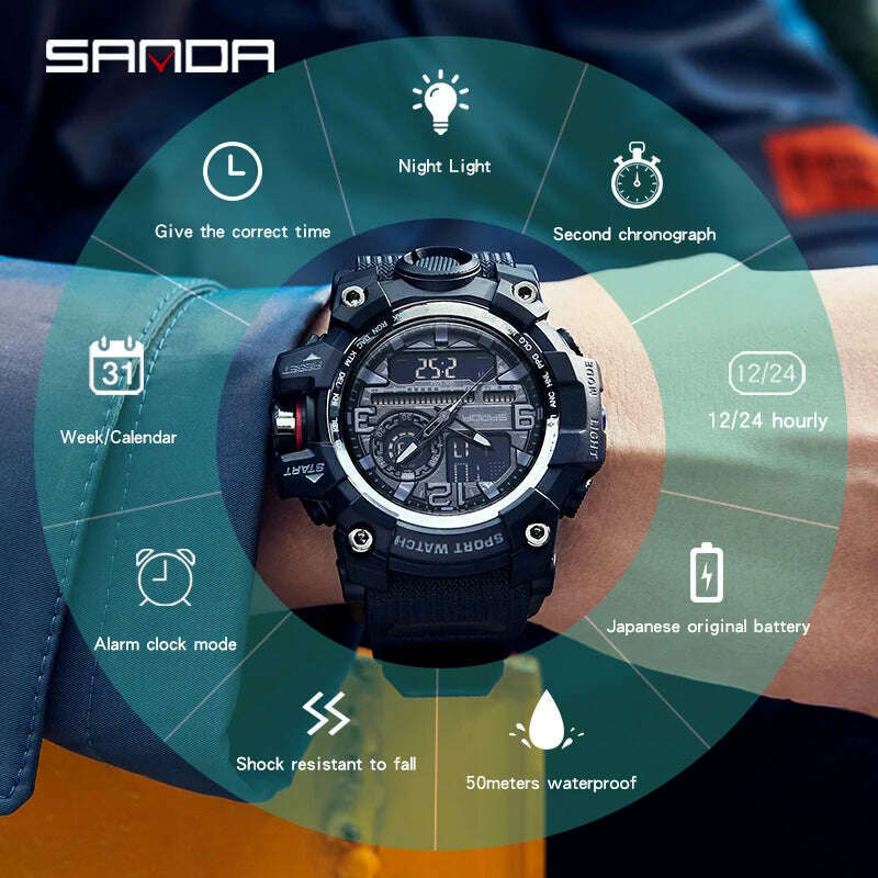 SANDA G Style New Men's Watches 50M Waterproof Sports Military Quartz Watch For Male Digital Wristwatch Clock Reloj Hombre