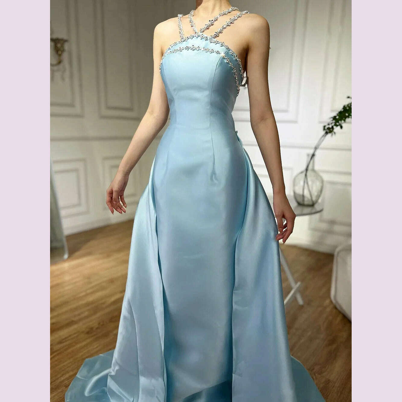 Serene Hill 2025 Customized Blue Satin Halter With Overskirt Mermaid Beaded Evening Dresses Gowns for Formal Occasion BLA72524