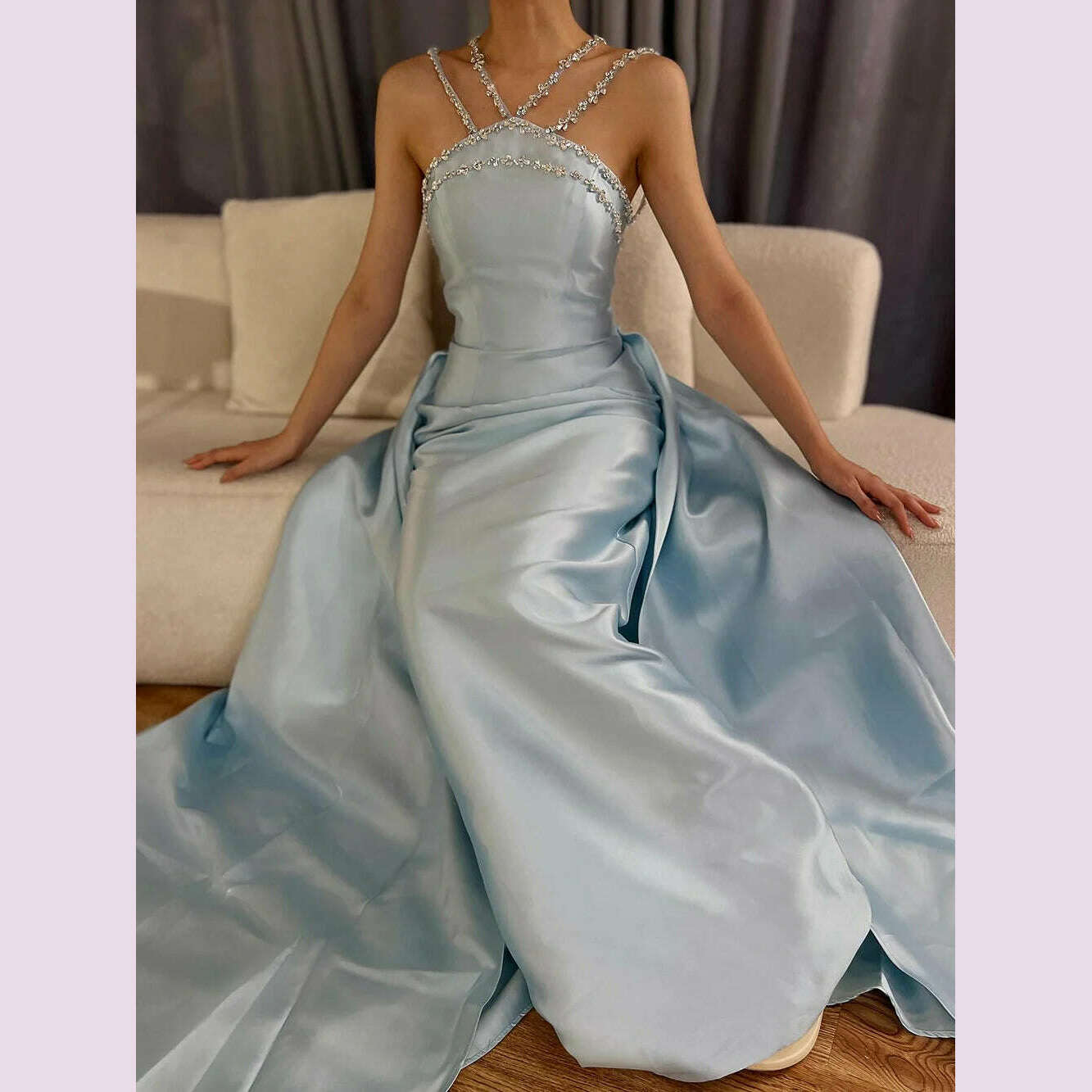 Serene Hill 2025 Customized Blue Satin Halter With Overskirt Mermaid Beaded Evening Dresses Gowns for Formal Occasion BLA72524