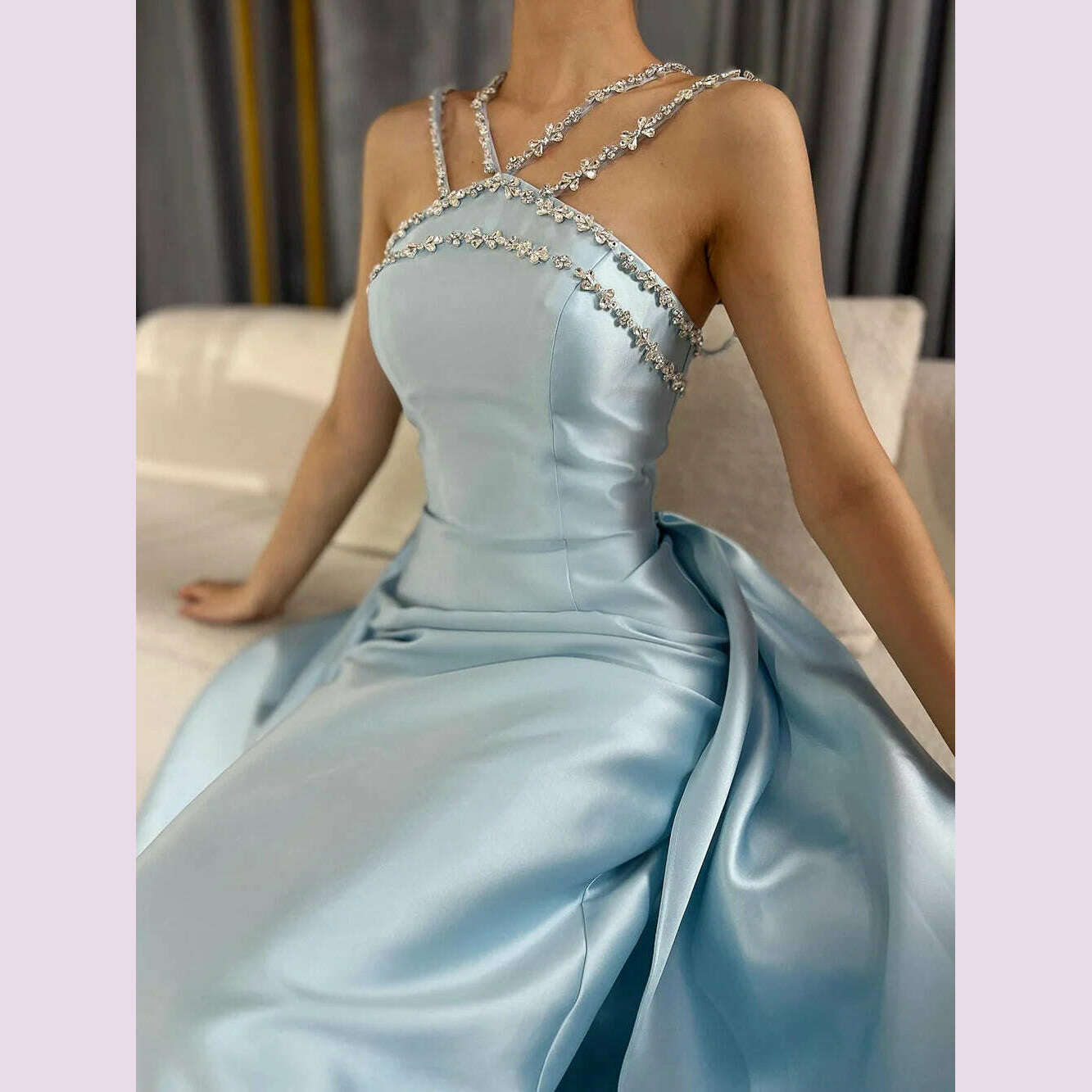 Serene Hill 2025 Customized Blue Satin Halter With Overskirt Mermaid Beaded Evening Dresses Gowns for Formal Occasion BLA72524