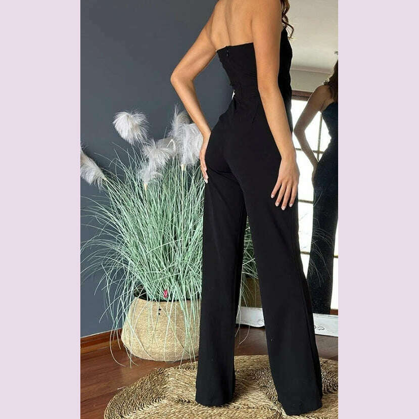Sexy Asymmetrical Bandeau Strapless Jumpsuit Metal Button Decor Casual Overalls 2025 Woman Long Jumpsuits Elegant