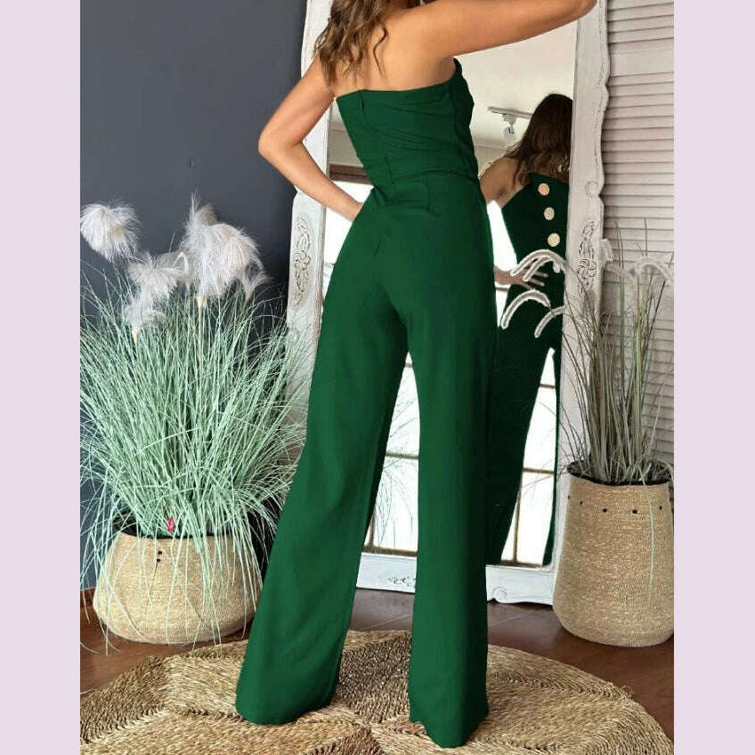 Sexy Asymmetrical Bandeau Strapless Jumpsuit Metal Button Decor Casual Overalls 2025 Woman Long Jumpsuits Elegant