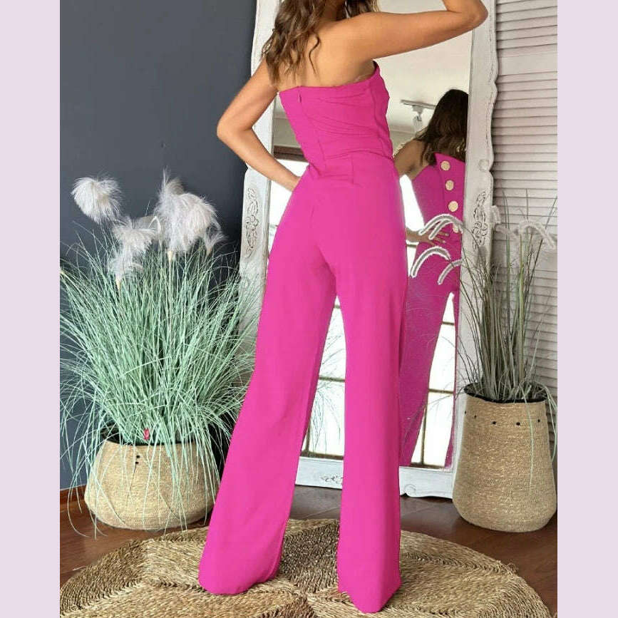Sexy Asymmetrical Bandeau Strapless Jumpsuit Metal Button Decor Casual Overalls 2025 Woman Long Jumpsuits Elegant